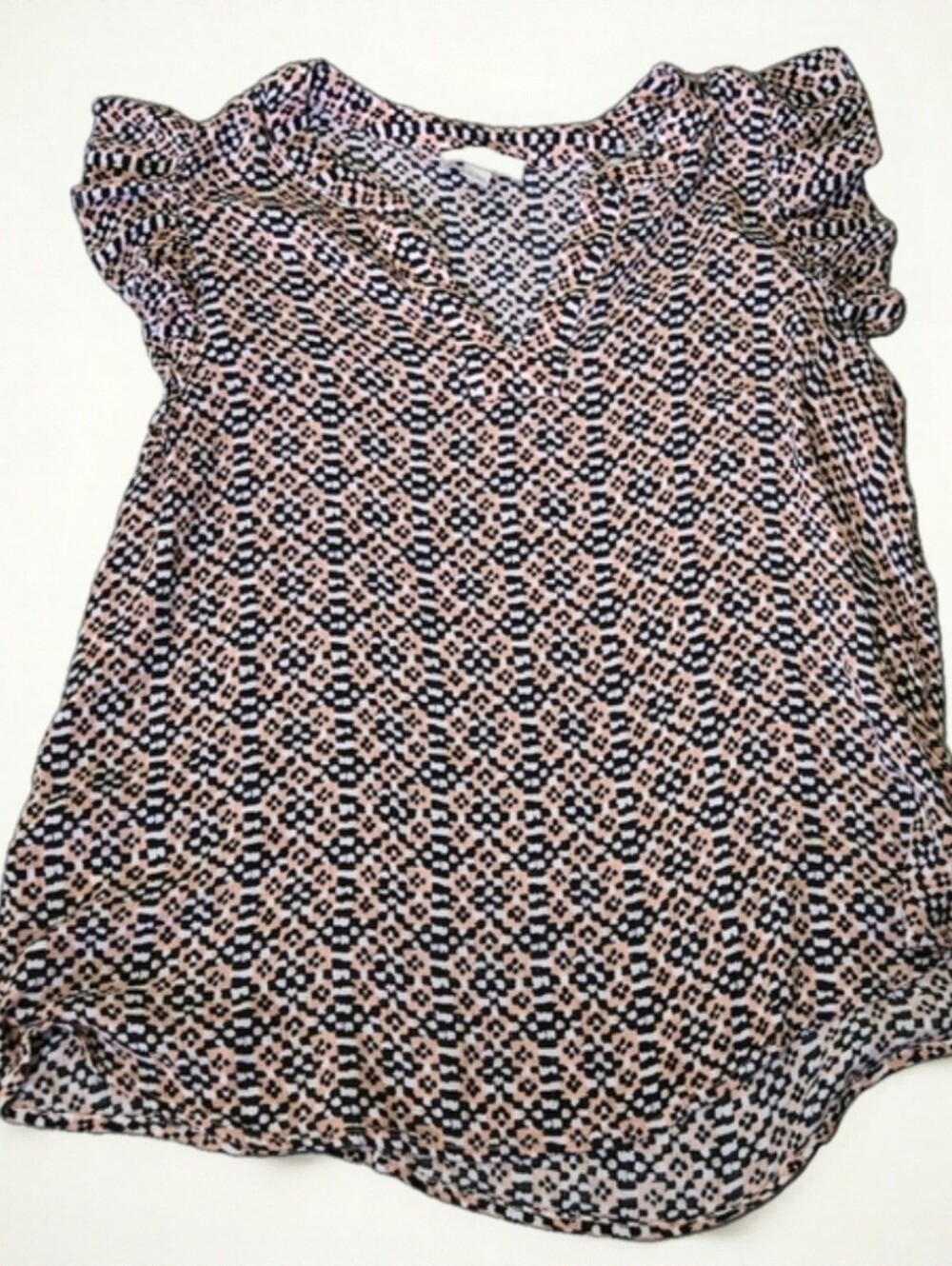 LOFT Pink and Black Printed Flutter Sleeve Blouse